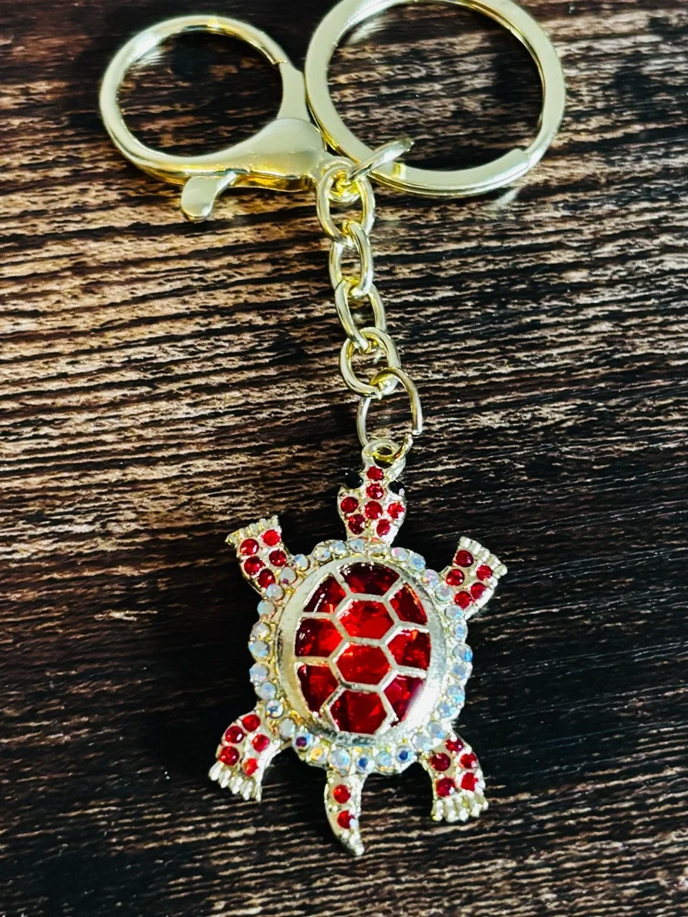 Red Crystal Rhinestone Turtle Keychain with Gold-Tone‎ Hardware